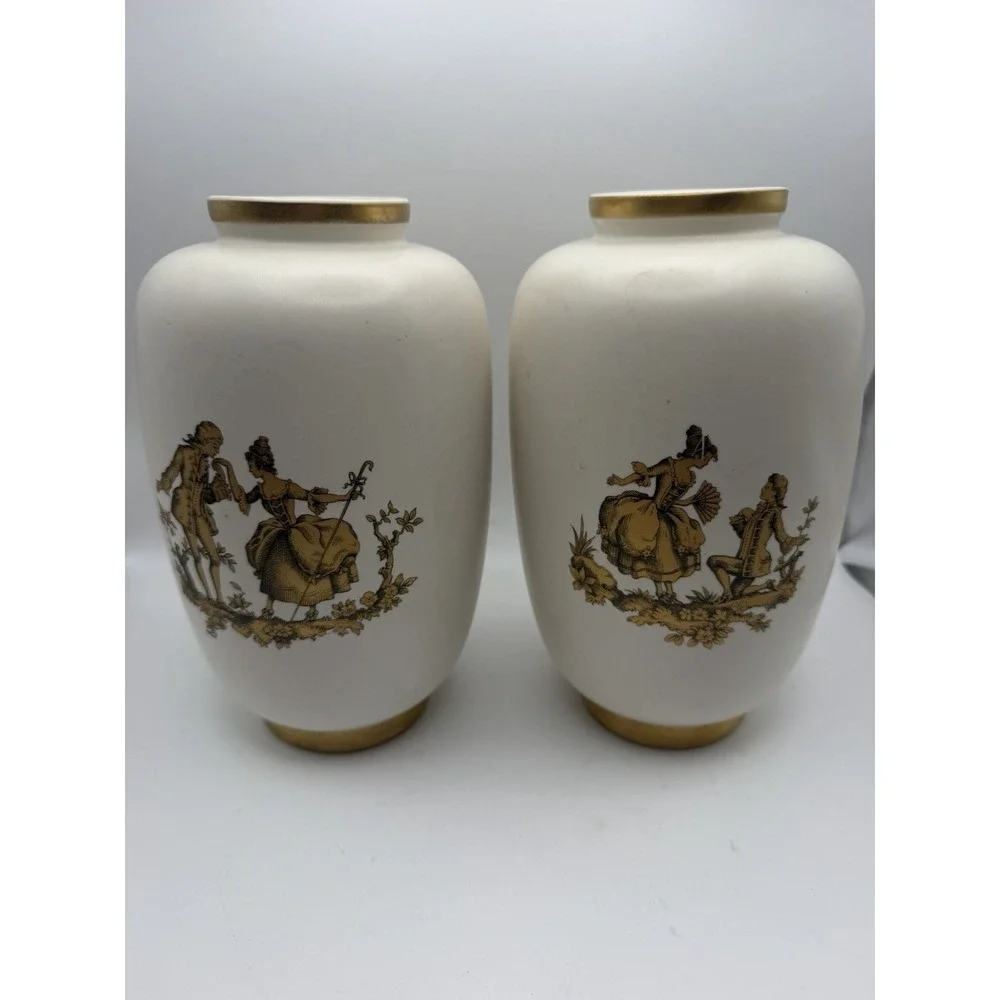 Pair Hyalyn Porcelain Pottery Vases Model 256 Courting Couples Gold 9.5